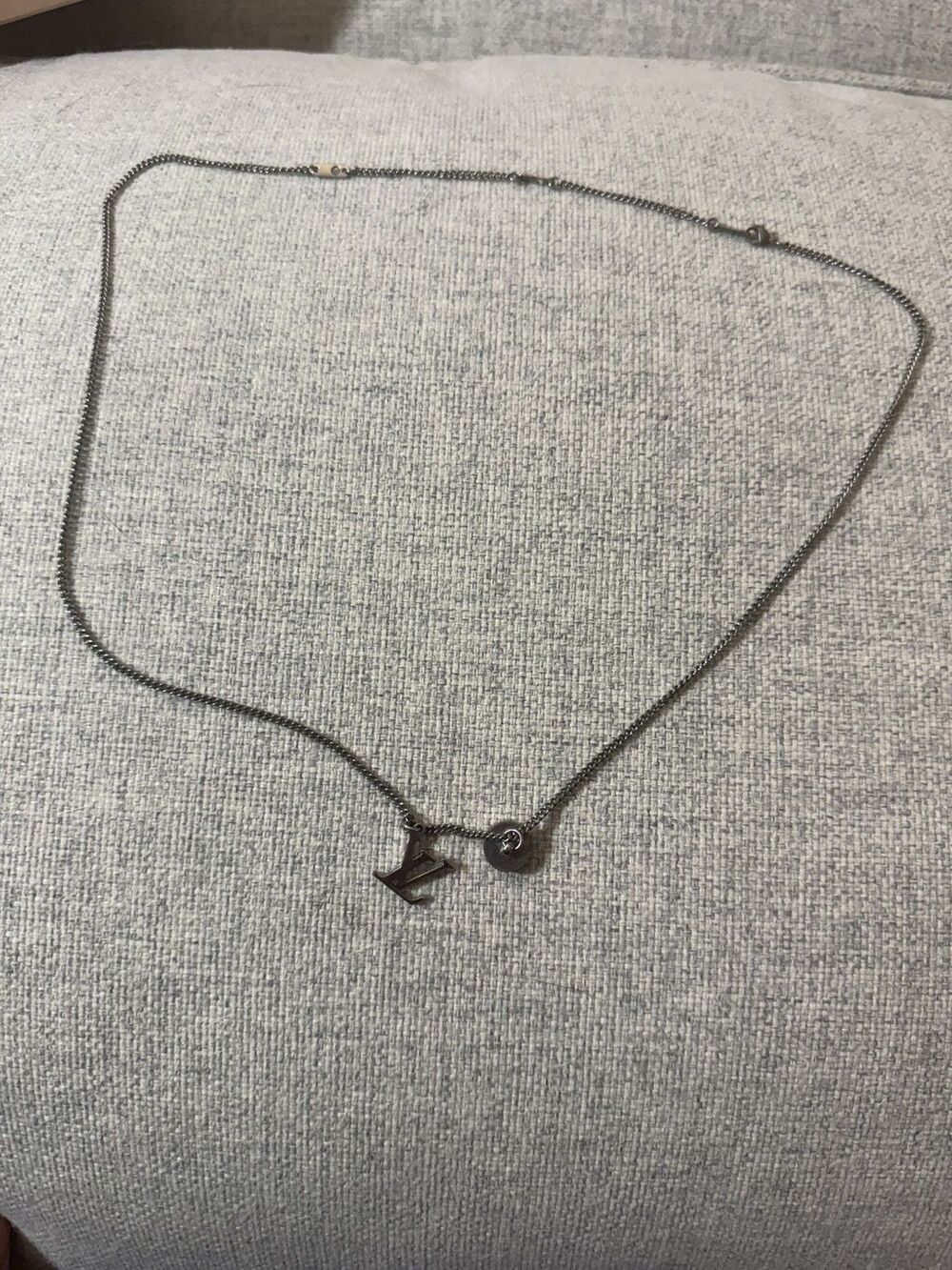 Louis Vuitton LV Initial Charm Necklace Gunmetal Silver 26”